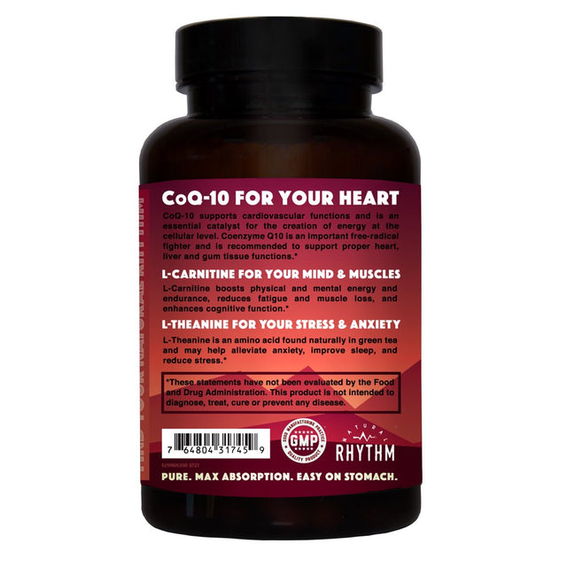 Natural Rhythm Coq10-Zen (Coenzyme Q10 + L-Carnitine + L-Theanine) - for Cardiovascular Support, Mental Clarity and Focus, and to Help Reduce Anxiety and Stress (30 Capsules)