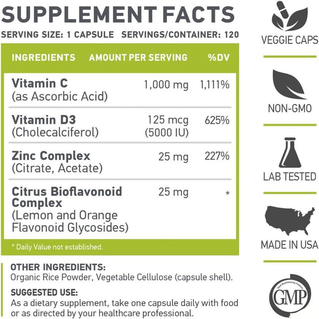 MUSCLE FOOD LABS , C D Z , Vitamin C, 1000Mg , Vitamin D3, 125Mcg , Zinc, 25Mg , Non-Gmo & Gluten Free , 120 Vegetarian Capsules ,120 Servings