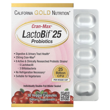 Lactobif Probiotics, Cran-Max, 25 Billion CFU, Cranberry Concentrate with Bio-Shield 8 Active & Clinically Researched Probiotic Strains, Individually Double-Foil Blister Sealed, 30 Veggie Capsules