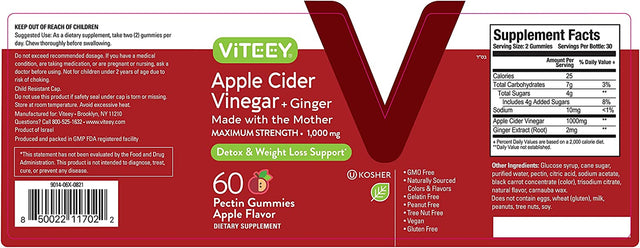 Apple Cider Vinegar Gummies Maximum Strength 1,000Mg plus Ginger, ACV with the Mother Dietary Supplement, Supports Immune Health, Detox, Cleanse, Weight Loss & Digestion-Pectin Gummy [60 Count-2 Pack]