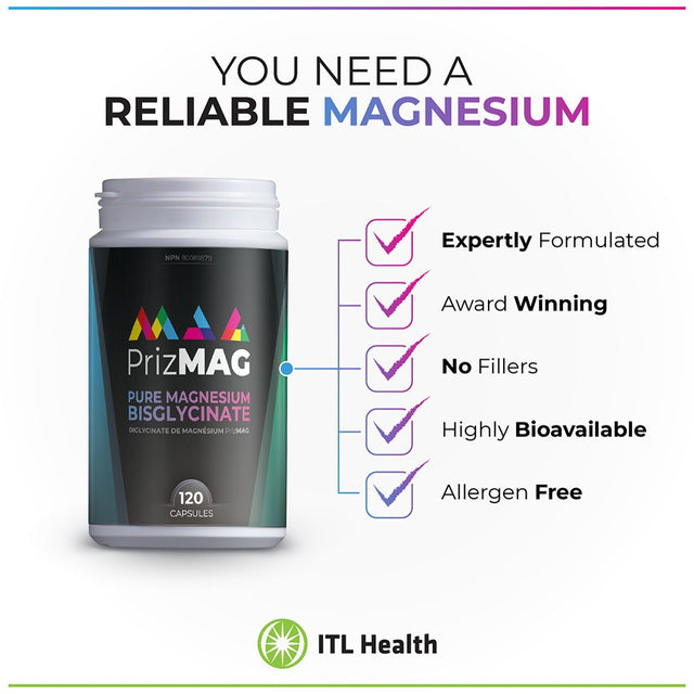 ITL Health MAG365 Prizmag Pure Magnesium Bisglycinate Pullulan Vegan Capsules | Promotes Healthy Sleep for Adults | Support Healthy, Normal Bones, Teeth and Nervous System | 90 Count