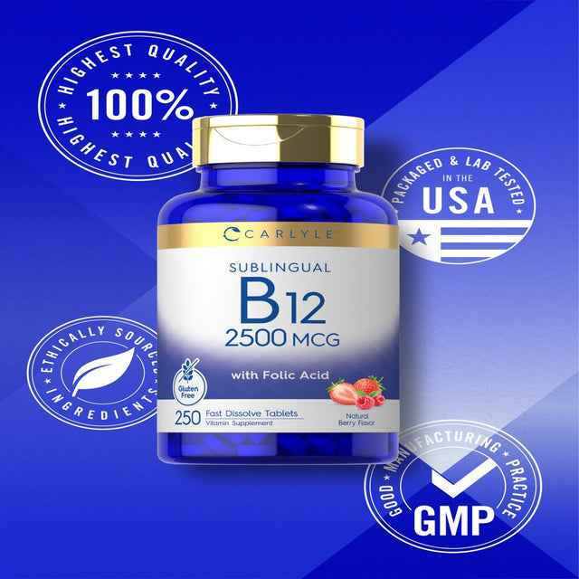 Vitamin B12 Sublingual 2500 Mcg | 250 Tablets | Natural Berry Flavor | Vegetarian Formula | by Carlyle