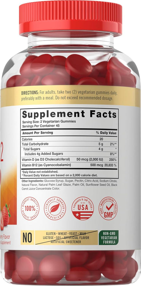 Vitamin D3 + B12 Complex | 90 Vegetarian Gummies | Natural Strawberry Flavor | by Carlyle