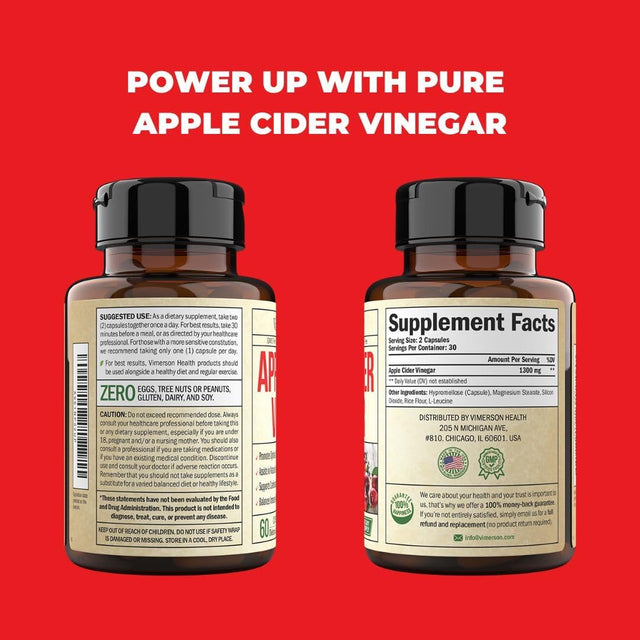 Apple Cider Vinegar Capsules - 1300Mg Pure Apple Cider Vinegar Pills with Acetic Acid for Daily Detox Cleanse & Healthy Digestion. Apple Cider Vinegar Supplements Made in USA. Non-Gmo. 60 ACV Capsules