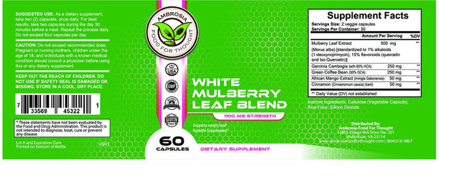 Ambrosia White Mulberry Leaf Extract | Controls Appetite, Curbs Sugar & Carb Cravings | Helps Lower Blood Sugar Levels | Perfect for Weight Loss