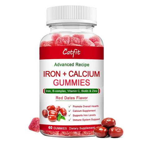 Catfit Red Dates Flavor Iron + Calcium Gummies Supplement with Vitaminc - Immune & Energy Support - 60 Gummies