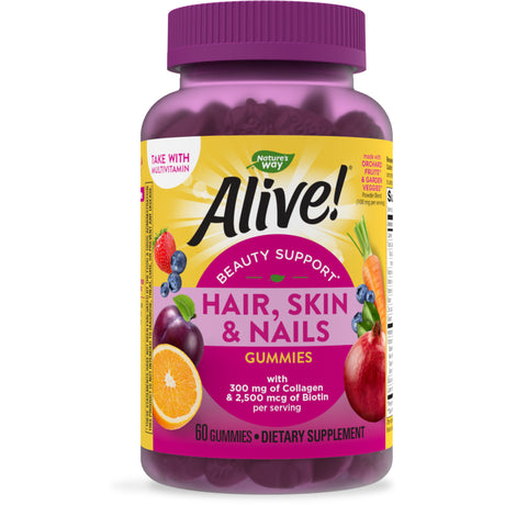 Nature’S Way Alive! Hair, Skin & Nails Gummies, Collagen & Biotin, Antioxidant Vitamins C & E, Strawberry Flavored, 60 Gummies