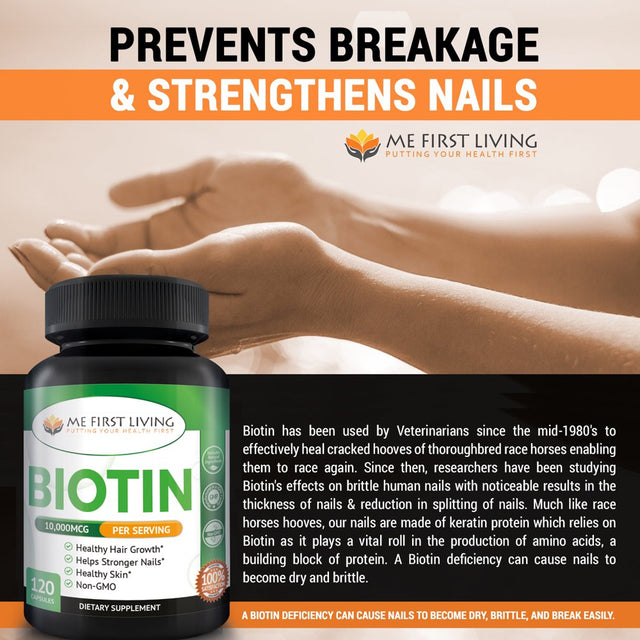 Me First Living Biotin Supplement 5,000 Mcg per Capsule, Vegan, All Natural, Hair Growth, Nail Growth & Strength and Cell Rejuvenation - 120 Capsules