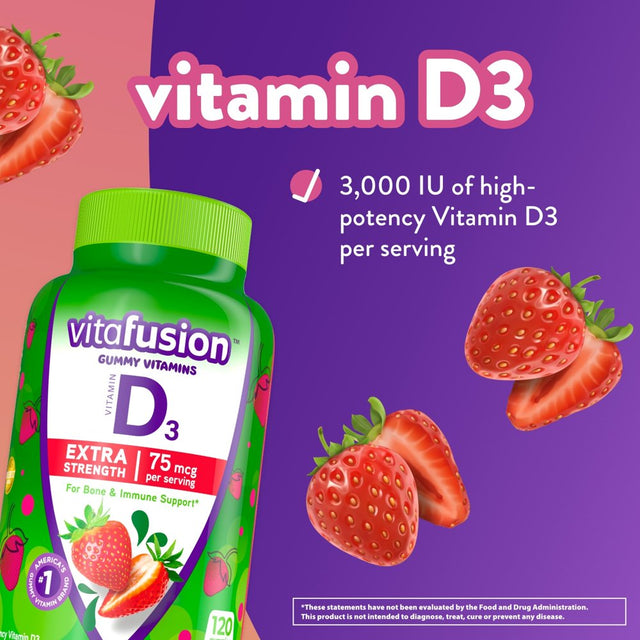 Vitafusion Extra Strength Vitamin D3 Gummy Vitamins for Bone and Immune System Support, Strawberry Flavored, 120 Count