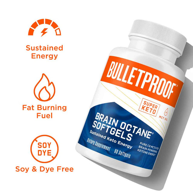 Brain Octane C8 MCT Oil, 2000Mg Caprylic Acid Triglycerides from Non-Gmo Coconuts, 60 Softgels, Bulletproof Keto Supplement for Cognitive Function and Gut Health