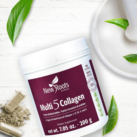 New Roots Herbal Multi 5 Coco Collagen Powder Supplement (Types I, II, III, V and X) for Skin Hair Nail Joint - Hydrolyzed Collagen - Dairy & Gluten Free - 12G per Serving - Chocolate Flavor, 7.05 Oz