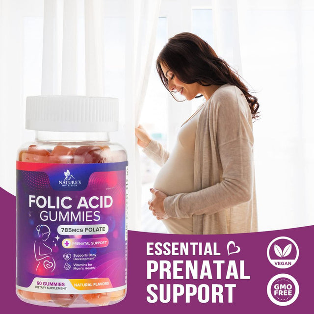 Folic Acid Gummies for Women 785 Mcg, Essential Prenatal Vitamins for Mom & Baby, Vegan Folic Acid Supplement Gummy, B9 Chewable Extra Strength Folate for before during after Pregnancy - 60 Gummies