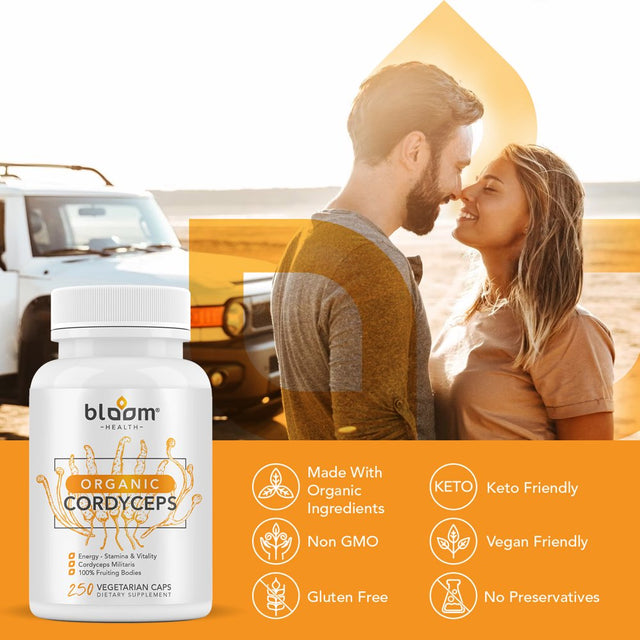 Bloom Health High-Power Cordyceps Mushroom 250 Veggie Capsules - Cordyceps Sinensis Mushroom Extract Energy Booster Supplement - 7% Polysaccharides with Alpha and Beta Glucans - Organic, Non-Gmo