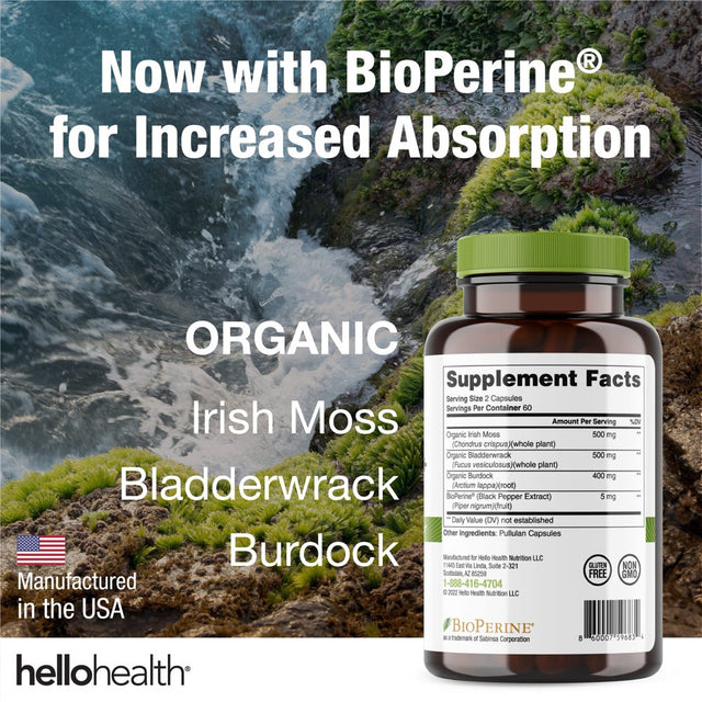 Hello Health Organic Irish Sea Moss - Bioperine Super Food for Immune Support -Thyroid Support - Gut, Skin & Joint Health - 120 Capsules