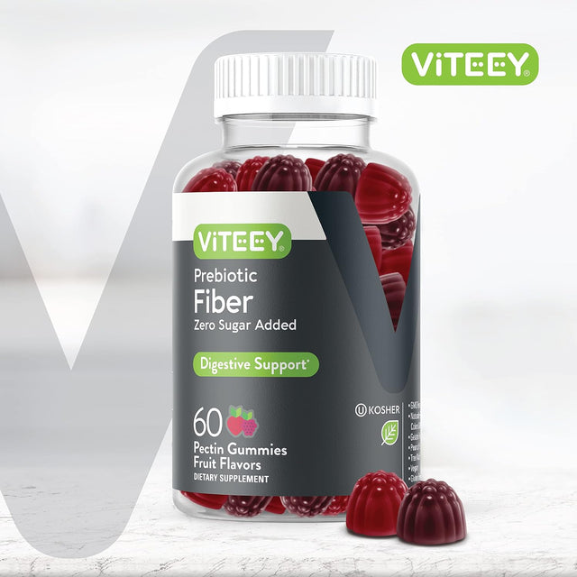 Viteey Fiber Prebiotic [Zero Sugar Added] Gummies - Digestive Heath Regularity Support, Natural Weight Support, Vegan Dietary Supplement, Good for Adults Teens & Kids - Fruit Flavored Pectin Gummy