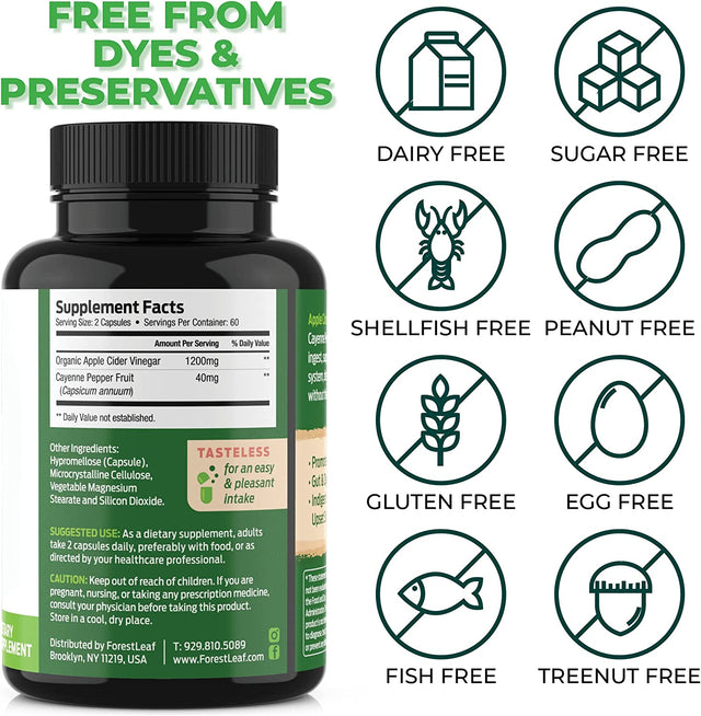 Forestleaf - Apple Cider Vinegar Capsules with Cayenne Pepper Powder 1200Mg - 120 Organic Pills - ACV Raw Supports Metabolism, Diet, Detox, Digestion, Gut Health, Cleanser - Immune Support Supplement