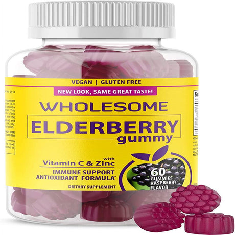 100% Natural Elderberry Gummies with Vitamin C and Zinc , Low Sugar, Vegan, Gluten Free , 60 Count Gummies , 100 Mg Elderberry 90Mg Vitamin C 7.5 Mg Zinc , Supports Immune System Health