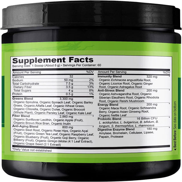 NATURELO Raw Greens Superfood Powder - Unsweetened - Boost Energy, Detox, Enhance Health - Organic Spirulina - Wheat Grass - Whole Food Nutrition from Fruits & Vegetables - 60 Servings