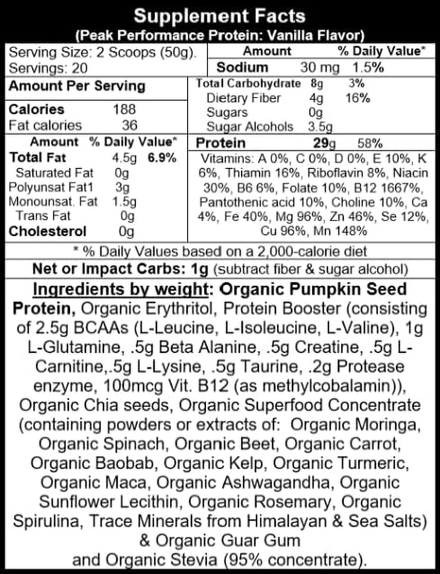 Peak Performance Plant-Based Protein by Body Symphony | Vanilla | Organic Pumpkin Seed Protein | Has 11 Vital Nutrients Normally Only Found in Meat | Vegan, Paleo, Keto Friendly | 2.20 Lbs 20 Servings