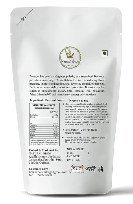 NATURAL ORGO BEET ROOT POWDER - 200 GM / DIETARY FIBER