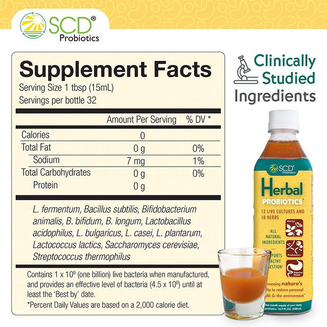 SCD Herbal Probiotics - 16.9 Fl Oz, Bioavailable Liquid Probiotic Supplement, 12 Live Strains Incl. Acidophilus, 18 Herbs Incl. Adaptogen Reishi Mushroom