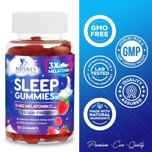 Sleep Melatonin Gummies, Extra Strength Natural Melatonin Gummy 12Mg, Nature'S Berry Flavor, Sleep Support Vitamin Supplement for Adults, Non-Gmo, Vegan - 120 Sleep Gummies, 60 Day Supply