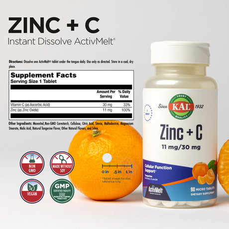 KAL Zinc plus C, Instant Dissolve Vitamin C and Zinc, Cellular Function and Immune Support, Optimal Absorption, Natural Tangerine Flavor, 60-Day Money-Back Guarantee, 90 Servings, 90 Micro Tablets