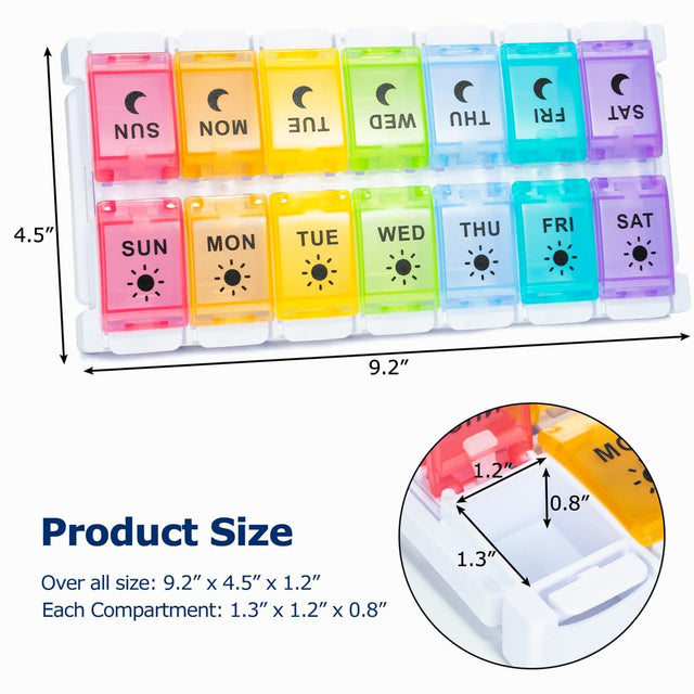 Pill Organizer 2 Times a Day-7 Day Large Pill Box Am Pm Easy Fill & Push Button 2 in 1 Design,14 Day for Fish Oil/Supplements