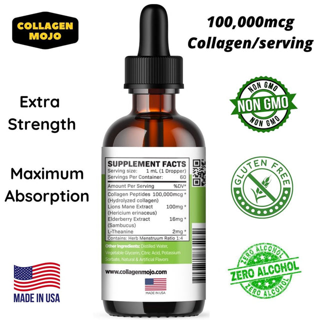 Liquid Collagen Peptides with Lion'S Mane Mushroom, Elderberry & L-Theanine – High Potency/Absorption Formula. Hair, Skin, Nail + Joint Support. Promote Focus & Boost Immunity – Collagen Mojo - 2 Oz.