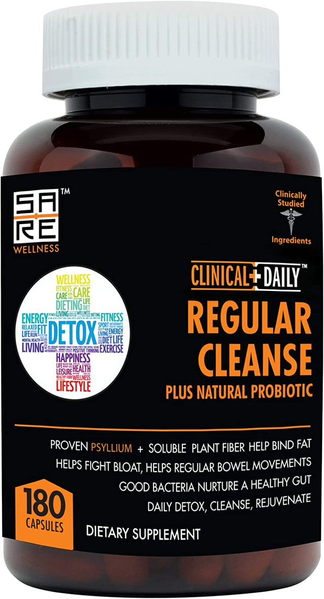 Regular Cleanse plus Natural Probiotic - Colon Cleanse & Gut Detox Supplement - Assists with Energy and Constipation Relief - Herbal Dietary Fiber Psyllium Husk Capsules - 180 Count