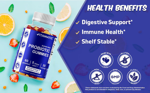 Vitamatic Probiotic Sugar Free Gummies for Men and Women 5 Billion Cfus - Digestive, Immune & Gut Health - Gluten Freevitamatic Probiotic Sugar Free Gummies for Men and Women 5 Billion Cfus - Digestiv