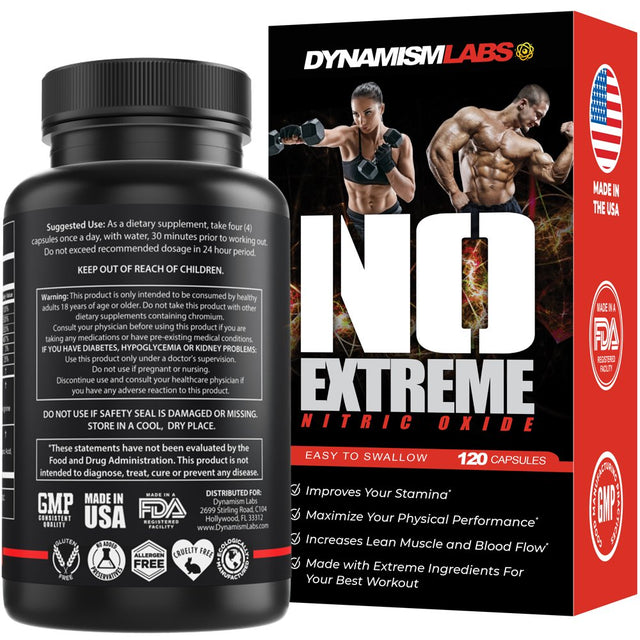 Dynamism Labs NO Extreme - Nitric Oxide Booster, Increased Blood Flow, Improve Your Workouts, Niacin, Vitamin B6, Vitamin B12, A-AKG, OKG, GKG, A-KIC, Zinc, 120Ct