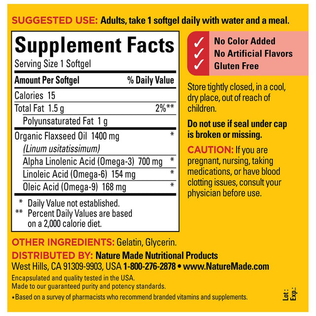 NATURE MADE Flaxseed Oil, 1400 Mg, Softgels, 100.0 CT