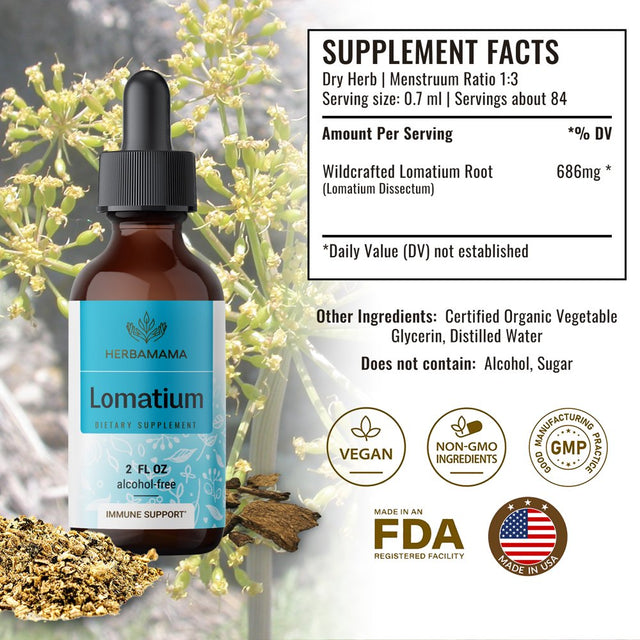 HERBAMAMA Lomatium Liquid Extract - Immune Support, Respiratory & Joint Health Tincture - 2 Fl. Oz