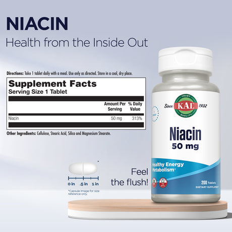 KAL Niacin 50Mg | One Daily | Healthy Metabolism, Skin, Nerves & Digestive Tract Support | Vegetarian | 200 Tablets