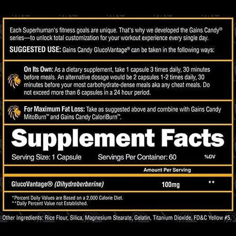 Alpha Lion Gains Candy, Upgrade Workout Performance & Endurance, 60 Capsules DHB Berberine - Glucovantage