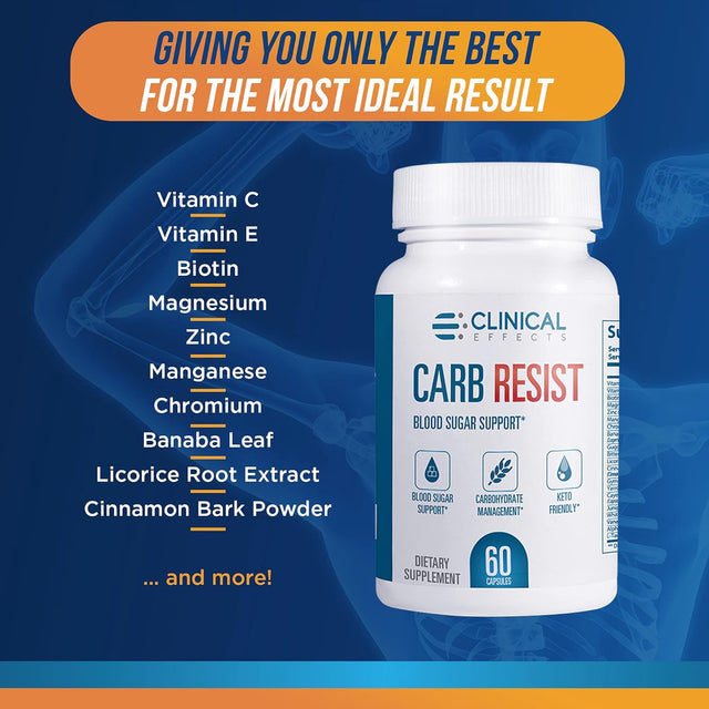 Clinical Effects Carb Resist - Carb Blocker with Vitamin C - 60 Capsules - Ideal for Keto or Low Carb Lifestyle - Supports Heart Health and Weight Management - Plant-Based