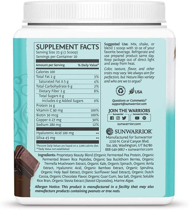 Sunwarrior Collagen Peptides Powder with Biotin Vitamin C Hyaluronic Acid Collagen Protein Powder for Hair Skin Nail Supplement Dairy Free Low Carb Gluten Free Chocolate Collagen Builder