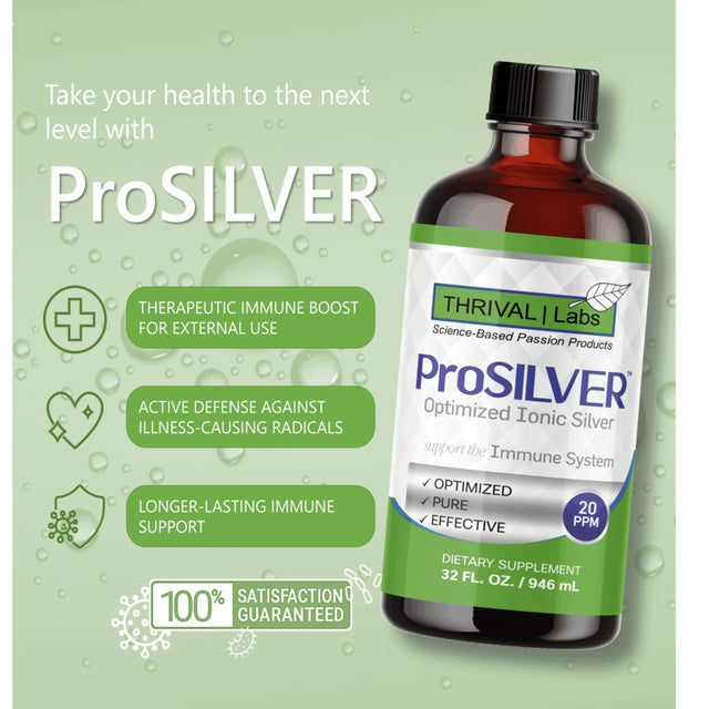 Prosilver Ionic Silver Liquid, Optimized 20 PPM Bio-Active Liquid Silver for Immune Support, Maximum Absorption Ionic Silver in Dark Glass Bottle with Dropper, 192 Servings, 32Oz - Thrival Labs