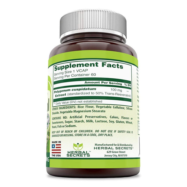 Herbal Secrets Resveratrol 100 Mg 60 Veggie Capsules (Non-Gmo) - Antioxidant Properties * Supports Cardiovascular Health, Supports Anti-Inflammatory Response and Supports Healthy Aging*