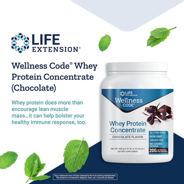 Life Extension Wellness Code Whey Protein Concentrate Chocolate - Protein Shake Mix Powder Fitnests Supplement - for Muscle Growth Support - Gluten-Free, Non-Gmo, Sugar-Free - 640 Grams (20 Servings)