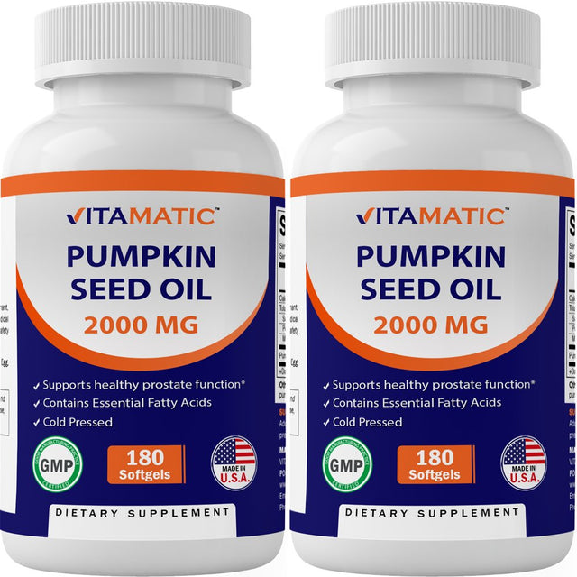 2 Pack - Vitamatic Pumpkin Seed Oil 2000Mg Softgel Capsules per Serving - 180 Softgels - (1000 Mg per Softgels) (Total 360 Softgels)