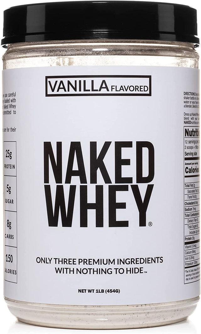 NAKED Nutrition Vanilla Whey Protein 1Lb, Only 3 Ingredients, All Natural Grass Fed Whey Protein Powder + Vanilla + Coconut Sugar- Gmo-Free, Soy Free, Gluten Free. Aid Muscle Growth, 12 Servings