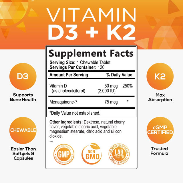 Vitamin D3 K2 as MK-7 with 2000Iu of D3 & 75Mcg K2, Vitamin K2 D3 Bone Strength Supplements Support Calcium Absorbtion for Teeth & Bone Health + Muscle & Immune Health Support - 120 Chewable Tablets