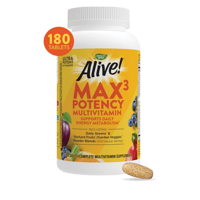 Alive! Max3 Daily Multivitamin Supplement with Iron, Max Potency, 180 Count