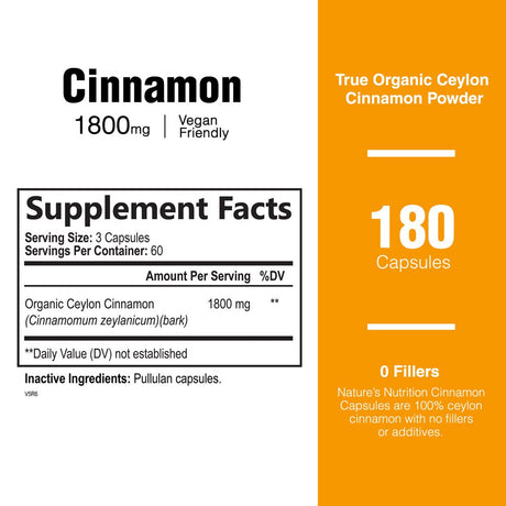 Pure Cinnamon Capsules, Certified Organic Ceylon Cinnamon Pills, Non-Gmo, Gluten-Free, Dairy-Free, Sri Lanka Cinnamon Powder Supplement, Best Vegan True Cinnamomum Vitamins, Sugar Free - 180 Capsules