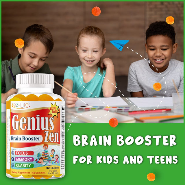 Genius Zen Brain Booster Supplement for Kids & Teens, Omega 3 Gummy Vitamins Brain Focus Vitamins, Concentration, Memory, Attention 60 Gummies