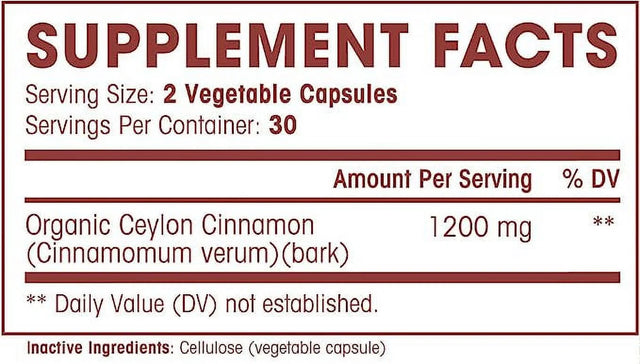 Organic Ceylon Cinnamon - 1200 Mg | Powerful Antioxidant Promotes Heart Health | Maintains Joint Health and Mobility | Non-Gmo | 60 Veg Capsules