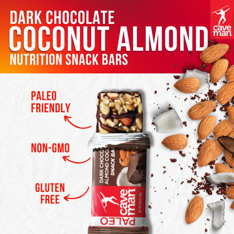 Caveman Foods Dark Chocolate Almond Coconut (12 Count Box) 1.4 Ounce, Nutrition Bar , NON GMO, GULTEN Free, Paleo Friendly Dark Coconut Dark Chocolate Coconut Bars