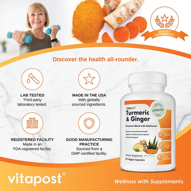 Vitapost Turmeric & Ginger Superfood Blend Supplement with Bioperine - 60 Capsules